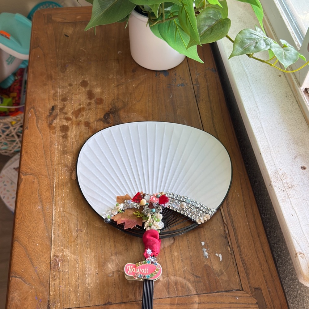 Handcrafted 808 beads Llc White Decorative Fan with Embellishments